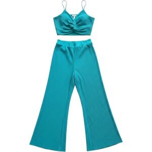 Ro & De Womens Ribbed Wrap Cami Wide Leg Pants Set Turquoise NWT Size L